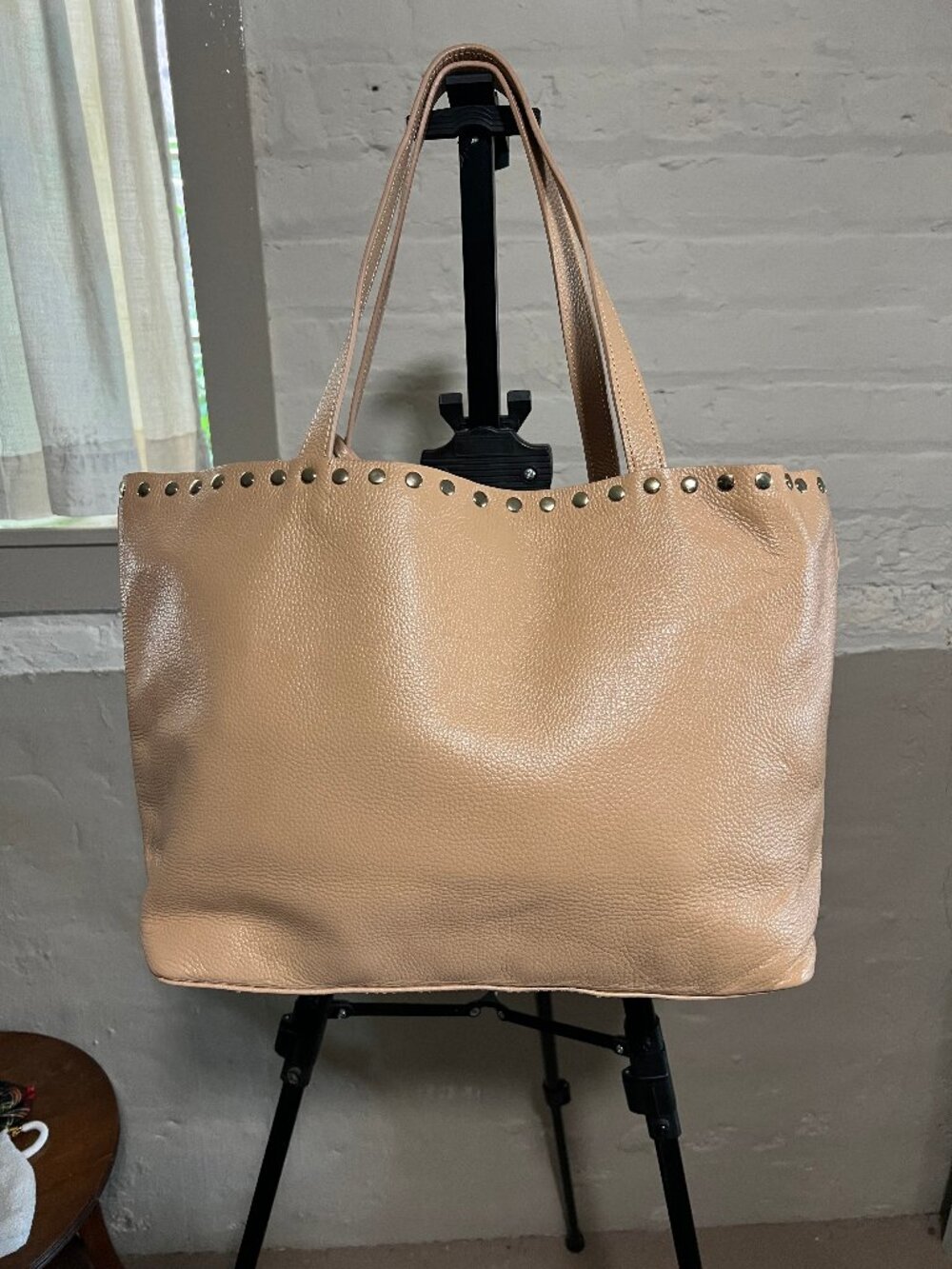 Laggo Large Tan Studded Leather Shoulder Bag, Excellent